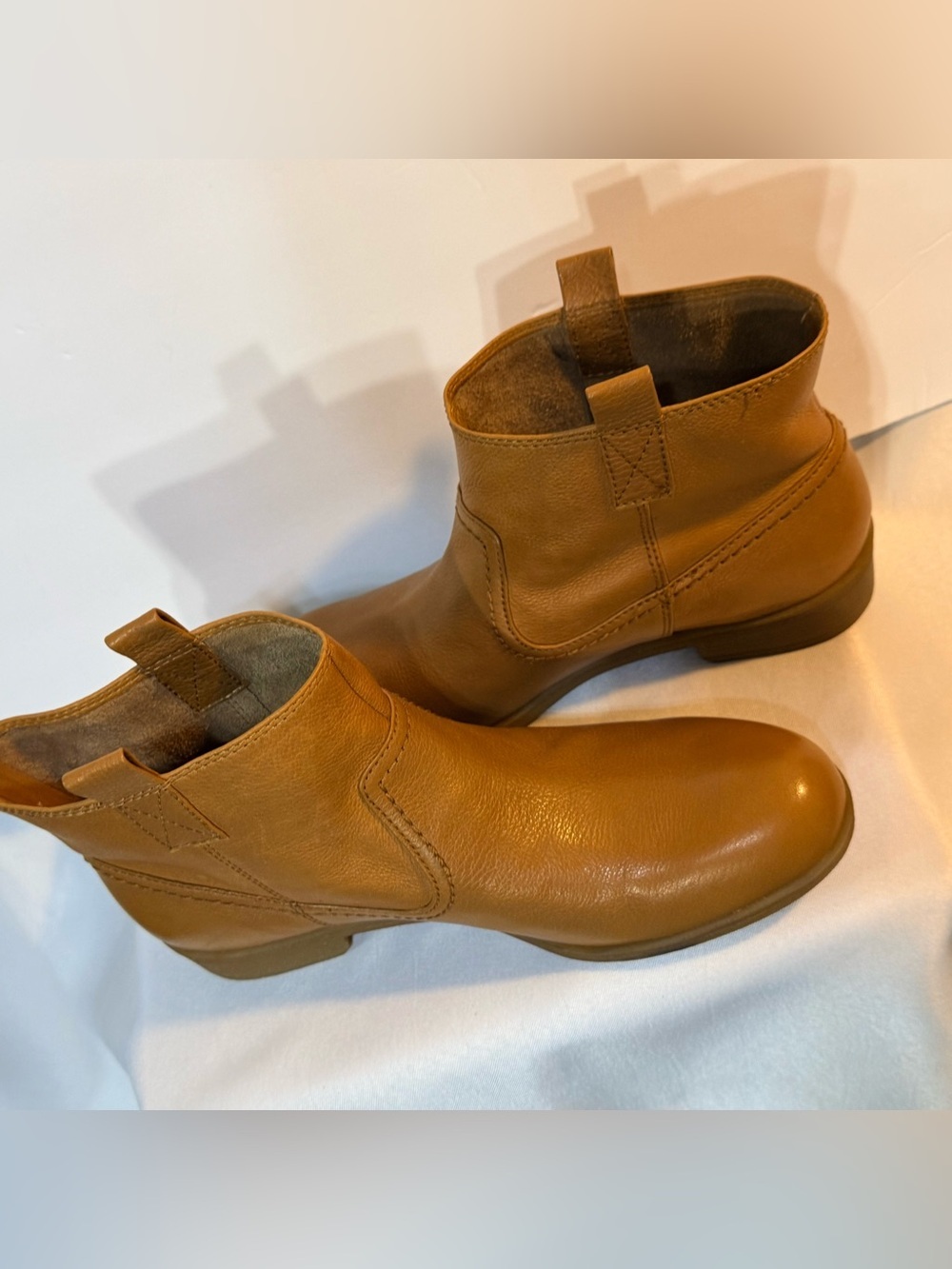Nine West Leather Ankle Boots Cognac Brown Low Heel Pull On Booties